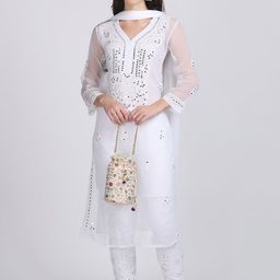 KHAKA Ethnic Motifs Embroidered Regular Chikankari Straight Kurta with Trousers & Dupatta-45