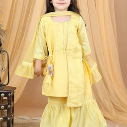 Kinder Kids Girls Geometric Embroidered Pure Cotton Kurti With Sharara & Dupatta-image-30