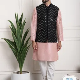 SOJANYA Striped Regular Sequinned Kurta & Churidar With Nehru Jacket-picture-18