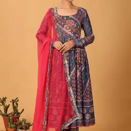 PINK CACTII U-Neck Floral Printed Empire Pure Cotton Kurta with Trousers & With Dupatta-picture-3