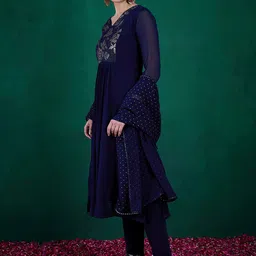 Sangria Georgette Thread Sequence Embroidered Kurta With Trousers & Dupatta Set-1