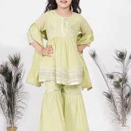 Little Bansi Girls Multicoloured Floral Embroidered Pleated Pure Cotton Kurti with Sharara & With Dupatta-image-38
