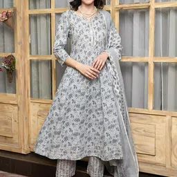 Sangria Floral-Printed Pure-Cotton Anarkali Kurta With Trouser & Dupatta-picture-22