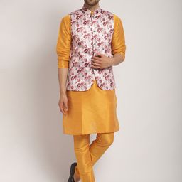 Kaifoo Straight Kurta With Churidar Floral Printed Nehru Jacket-11