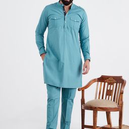 MR BUTTON Men Blue Pure Cotton Kurta with Trousers-picture-0