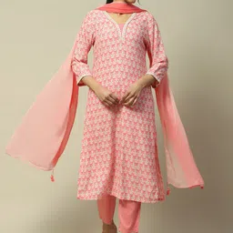 Rangriti Floral Printed Regular Thread Work Kurta with Trousers & With Dupatta-7