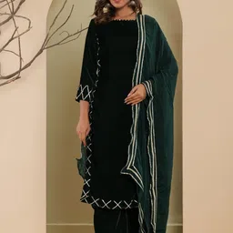 HOUSE OF JAMOTI Boat Neck Sequinned Velvet Kurta With Palazzos & Dupatta-picture-3