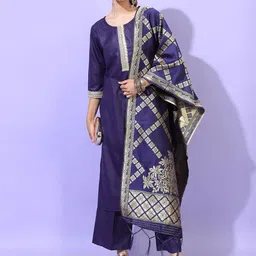 Vishudh Women Navy Blue Kurta with Trousers & With Dupatta-image-75