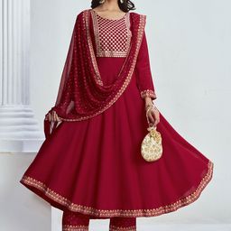 Sangria Maroon Ethnic Motifs Yoke Design Embellished Kurta With Trouser & Dupatta-0