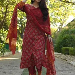 KALINI Ethnic Motifs Printed Printed Notch Neck Straight Kurta With Trousers & Dupatta-image-91