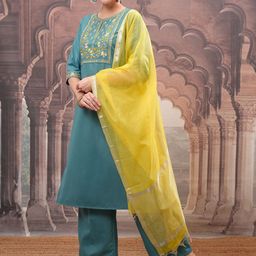 Vishudh Turquoise Blue Embroidered Straight Kurta with Palazzo & Dupatta-picture-29