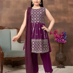 Aarika Girls Ethnic Motifs Embroidered Pleated Sequinned Kurta WithPatiala & Dupatta-image-49