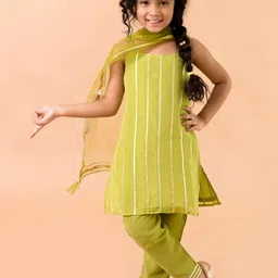 Fairies Forever Girls Green Lines of Pure Bond Kurta Set-picture-11