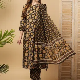 FASHOR Floral Printed Keyhole Neck Mirror Work Pure Cotton Kurta with Trousers & Dupatta-picture-0