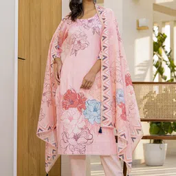 Label Khoj Floral Printed Linen Straight Kurta With Trousers & Dupatta-picture-35