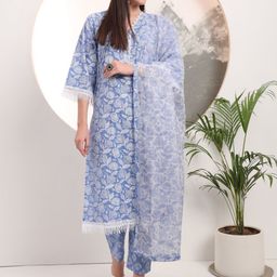 Yufta Floral Printed Pure Cotton Kurta with Trousers & Dupatta-22