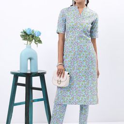 KETCH Mandarin Collar Floral Printed Regular Kurta with Trousers-37
