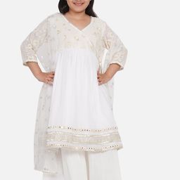 Little Bansi Girls White Embroidered Pure Cotton Kurta with Sharara & With Dupatta-image-44