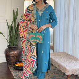 S.K.C Women Ethnic Motifs Embroidered Regular Kurti with Trousers & With Dupatta-picture-48
