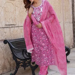 KALINI Floral Printed Mirror Work Pure Cotton Kurta with Trousers & With Dupatta-5