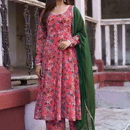 Janasya Floral Printed Gotta Patti A-Line Kurta With Palazzos & Dupatta-image-10