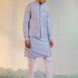 charkhee Mandarin Collar Straight Chanderi Cotton Kurta with Trousers & Nehru Jacket-picture-46