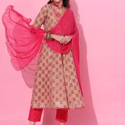 GULABI LEAF Ethnic Motifs Embroidered Regular Pure Cotton Kurta With Trousers & Dupatta-image-43
