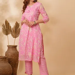 FASHOR Floral Printed Tie Up Neck Pure Cotton Straight Kurta with Trousers-picture-53