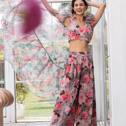 MABISH LUXE Floral Printed Crop Top with Palazzos & Shrug Co-Ords-6