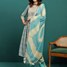 Sangria Printed & Embroidered Anarkali Kurta With Trouser & Dupatta-image-54