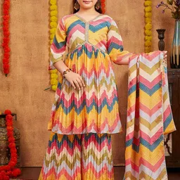 BAESD Girls Chevron Printed V-Neck Pure Silk Kurta with Sharara & Dupatta-picture-49