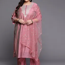 Varanga Women Floral Embroidered Chanderi Silk Kurta with Trousers & Dupatta-picture-11