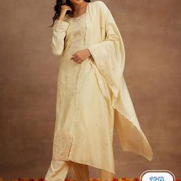 Libas Yellow Floral Embroidered Regular Pure Silk Kurta & Trousers With Dupatta-image-8