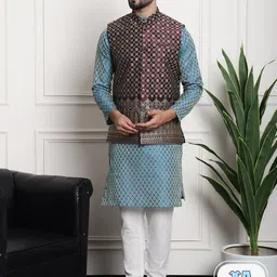 SOJANYA Ethnic Motifs Woven Design Jacquard Silk Cotton Kurta With Churidar & Nehru Jacket-picture-23