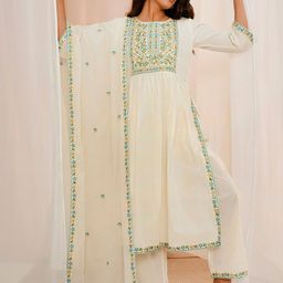 Libas Floral Yoke Design Pleated Thread Work Pure Cotton Kurta With Palazzos & Dupatta-picture-15