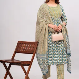 KALINI Ethnic Motifs Printed Regular Pure Cotton Kurta With Trousers & Dupatta-5