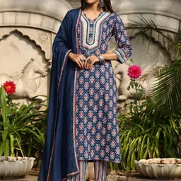 Rain & Rainbow Printed Regular Mirror Work Pure Cotton Kurta with Trousers & With-picture-14