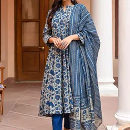 KALINI Floral Printed Regular Anarkali Kurta With Trousers & Dupatta-6