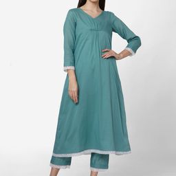 KALINI Women V-Neck A-Line Pure Cotton Kurta With Trousers-55