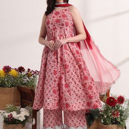 Yufta Floral Printed Gotta Patti Pure Cotton Anarkali Kurta with Trousers & Dupatta-26