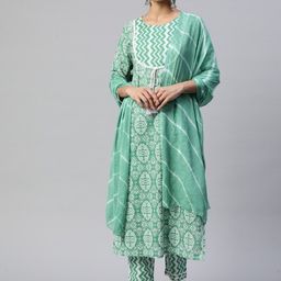 KALINI Abstract Printed Round Neck Pure Cotton Straight Kurta With Trouser & Dupatta-29
