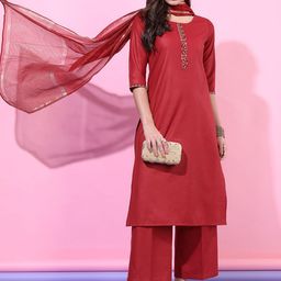Vishudh Women Red Embroidered Kurta with Palazzos & With Dupatta-picture-48