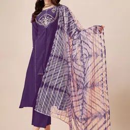 KALINI Ethnic Motifs Yoke Design Thread Work Detail A-Line Kurta & Trouser With Dupatta-picture-18