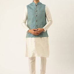 SOJANYA Mandatin Collar Straight Kurta with Churidar With Woven Design Nehru Jacket-picture-43