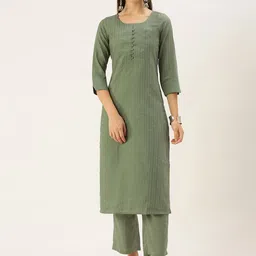 Saanjh Olive Green Notched Neck Striped Kurta with Trousers-picture-42