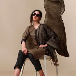KALINI Thread Work Self Checked Desing Straight Kurta with Trousers with Dupatta-5