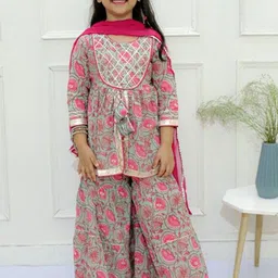 Ka-mee Girls Floral Printed Regular Pure Cotton Kurta with Sharara & With Dupatta-image-21