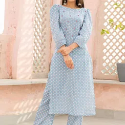 Ambraee Geometric Printed Puffed Sleeves Pure Cotton Straight Kurta With Trousers-image-5