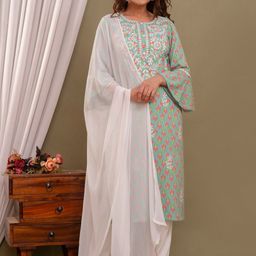 PURVIJA KURTIES Floral Embroidery Bell Sleeves Straight Kurta & Salwar With Dupatta-picture-11