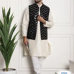 SOJANYA Embroidered Thread Work Silk Cotton Kurta With Churidar & Nehru Jacket-picture-41
